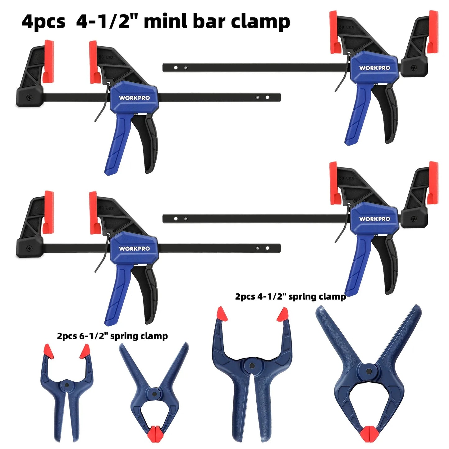 WORKPRO Bar Clamps for Woodworking One-Handed Clamp/Spreader, 6-Inch and 12-Inch Wood Clamps Set, Light-Duty Qui