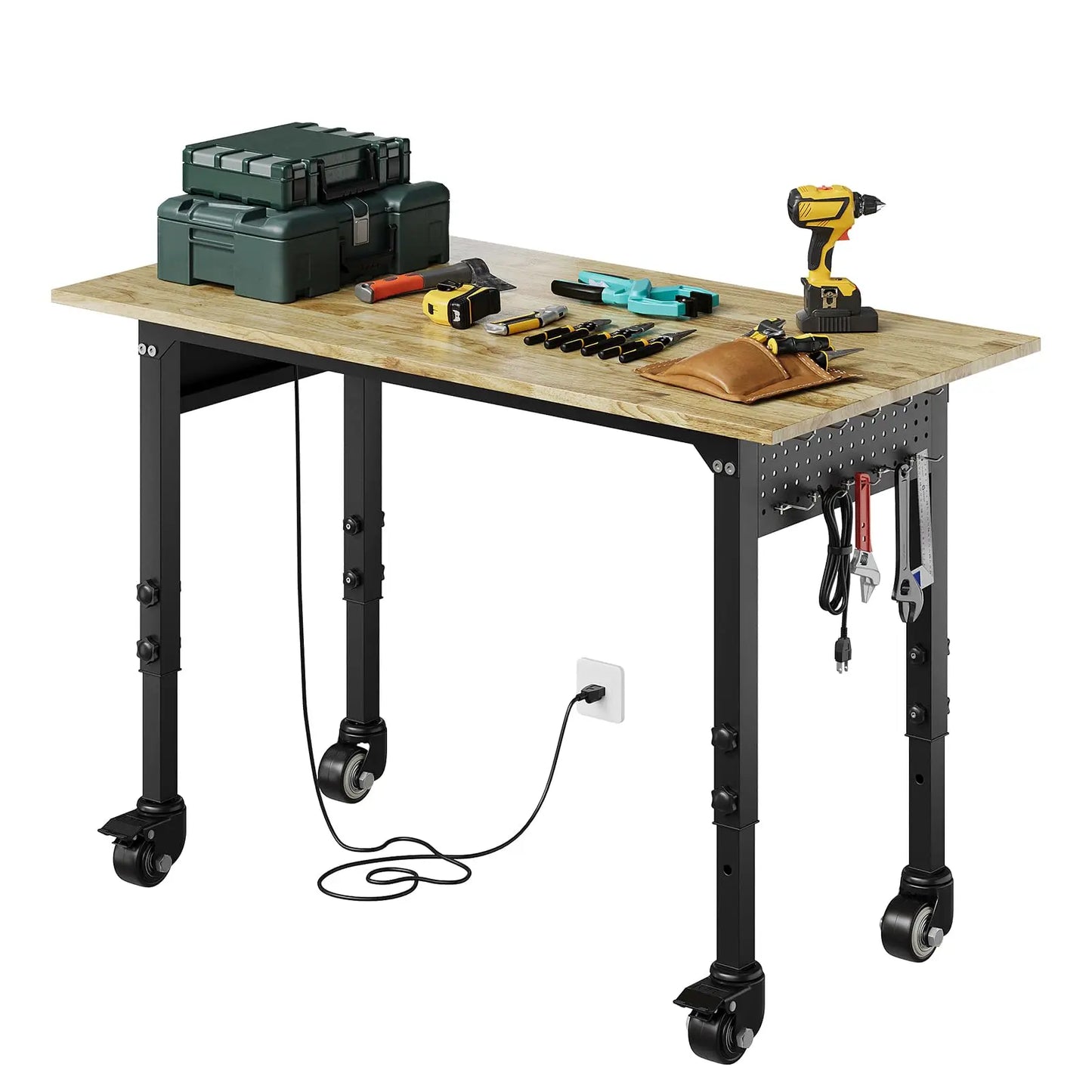 48/60" Adjustable Work Bench for Garage Workstation with Hooks/Power Outlets/Wheels,2000 Lbs Rubber Worktable for Workshop Garag