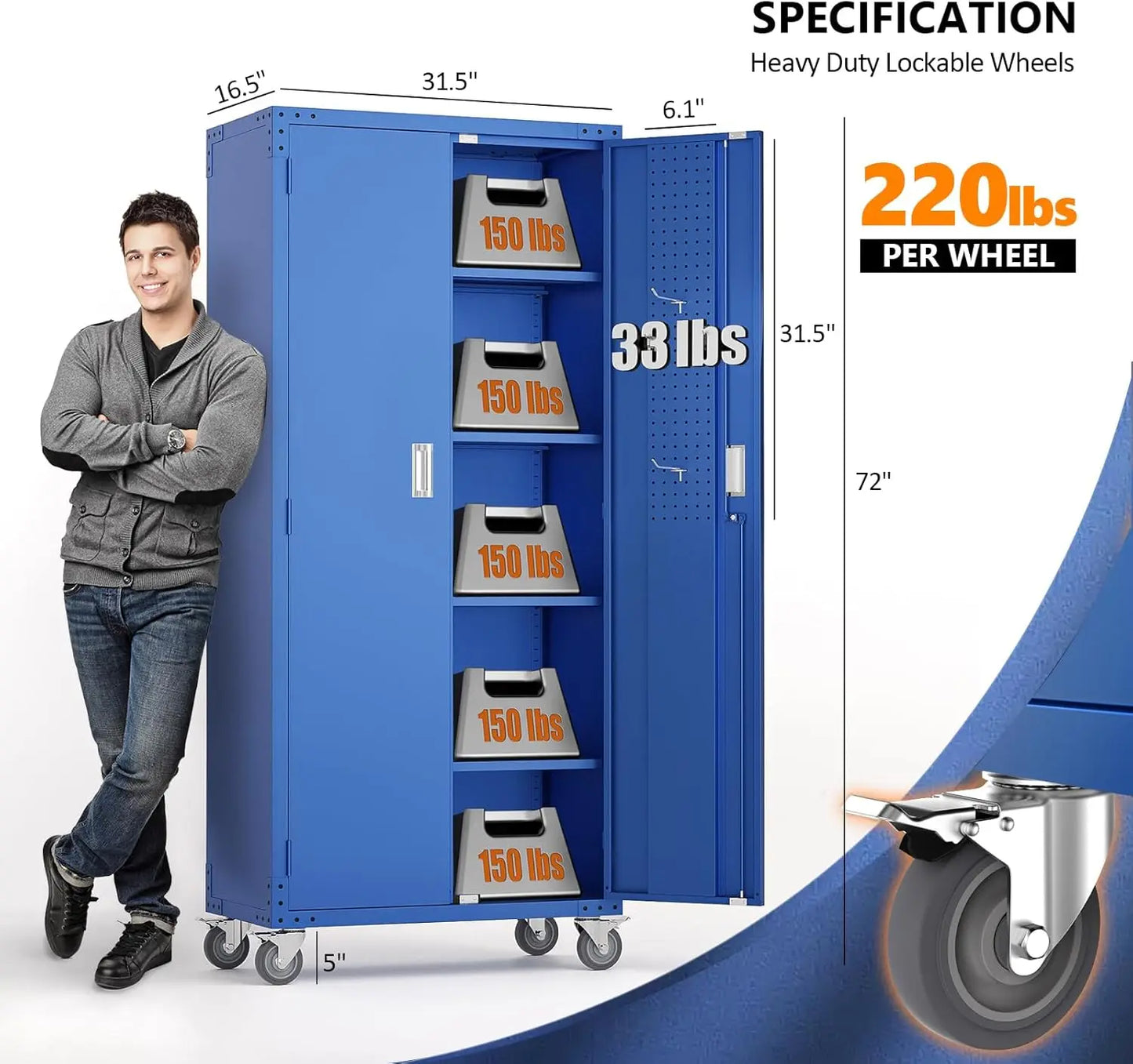 72'' Tall Metal Garage Storage Cabinet with Pegboards, Wheels, Locking Doors and Adjustable Shelves, File Cabinet