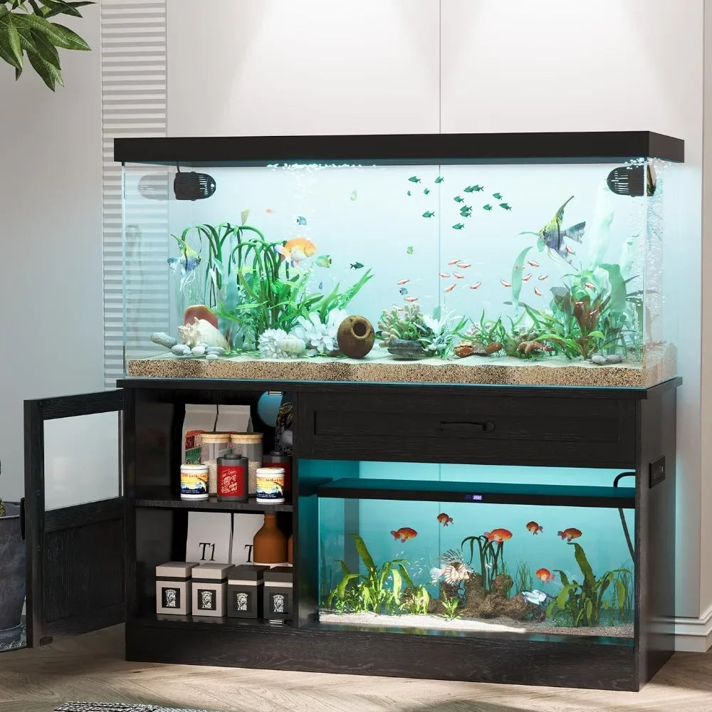 Fish Tank Stand with Drawer Reptile Tank Stand with Power Strip and LED Light Aquarium Stand for Home Use