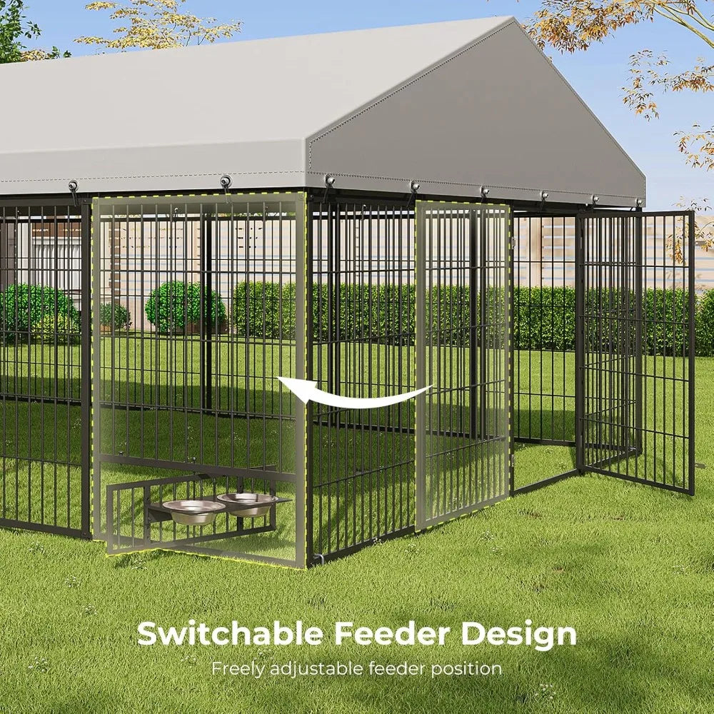 10X19FT Large Dog Kennel Outside with Feeding, Heavy Duty Outdoor Dog Run Cage with Cover & Lock, Outdoor Pet Enclosure Fence fo