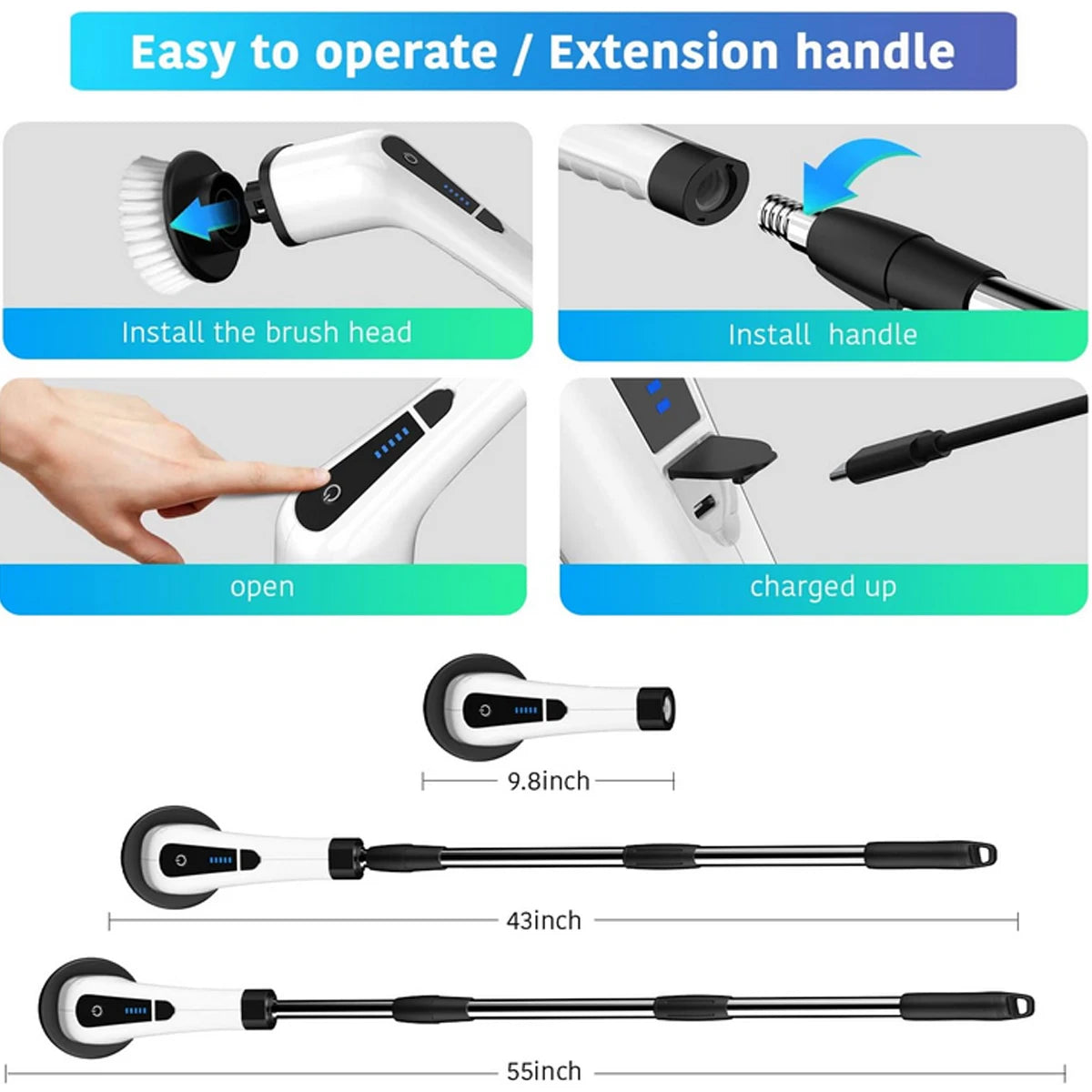 Electric Spin Scrubber, Electric Bathroom Cleaning Brush, LHPY Upgraded Version with 7 Replacement Brush Heads and Extension Han