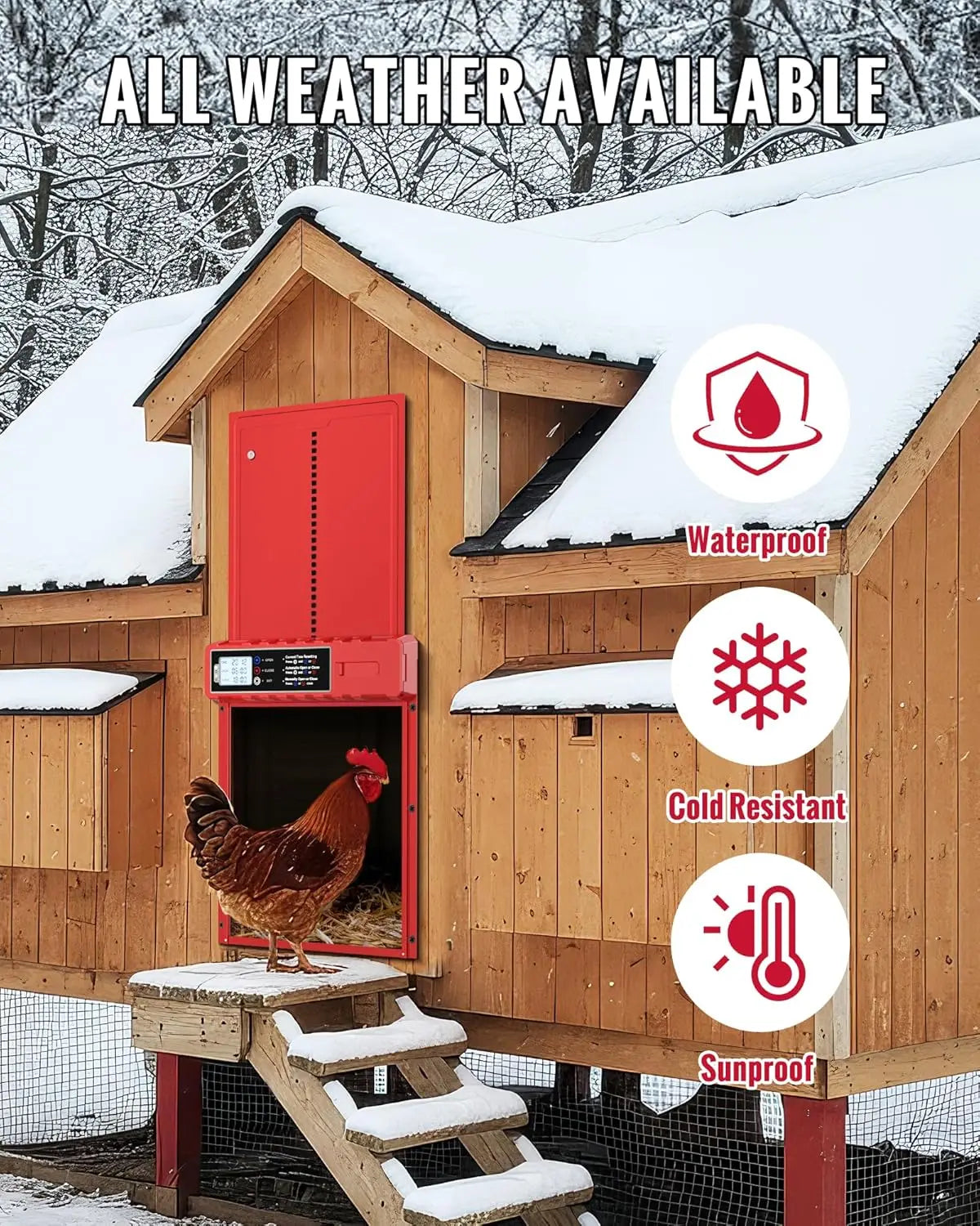 Automatic Chicken Coop Door Solar Powered with XL Large Size 10.8″x 14.2″ Red Auto Chicken Door Design with USB-C Charging
