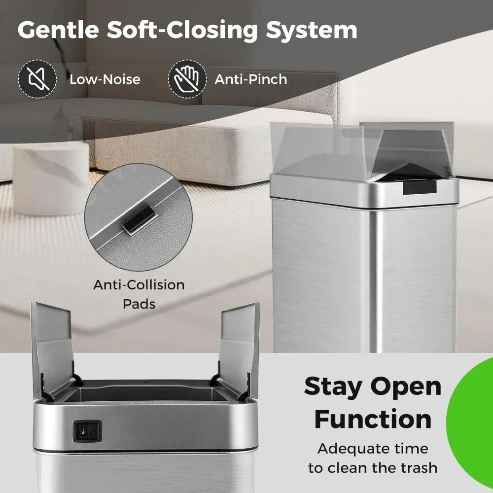 Slim Kitchen Trash Can with Wing Lids, 13.2 Gal Automatic Sensor Garbage Can, Stainless Steel Trash Bin, Hand-Free Infrared