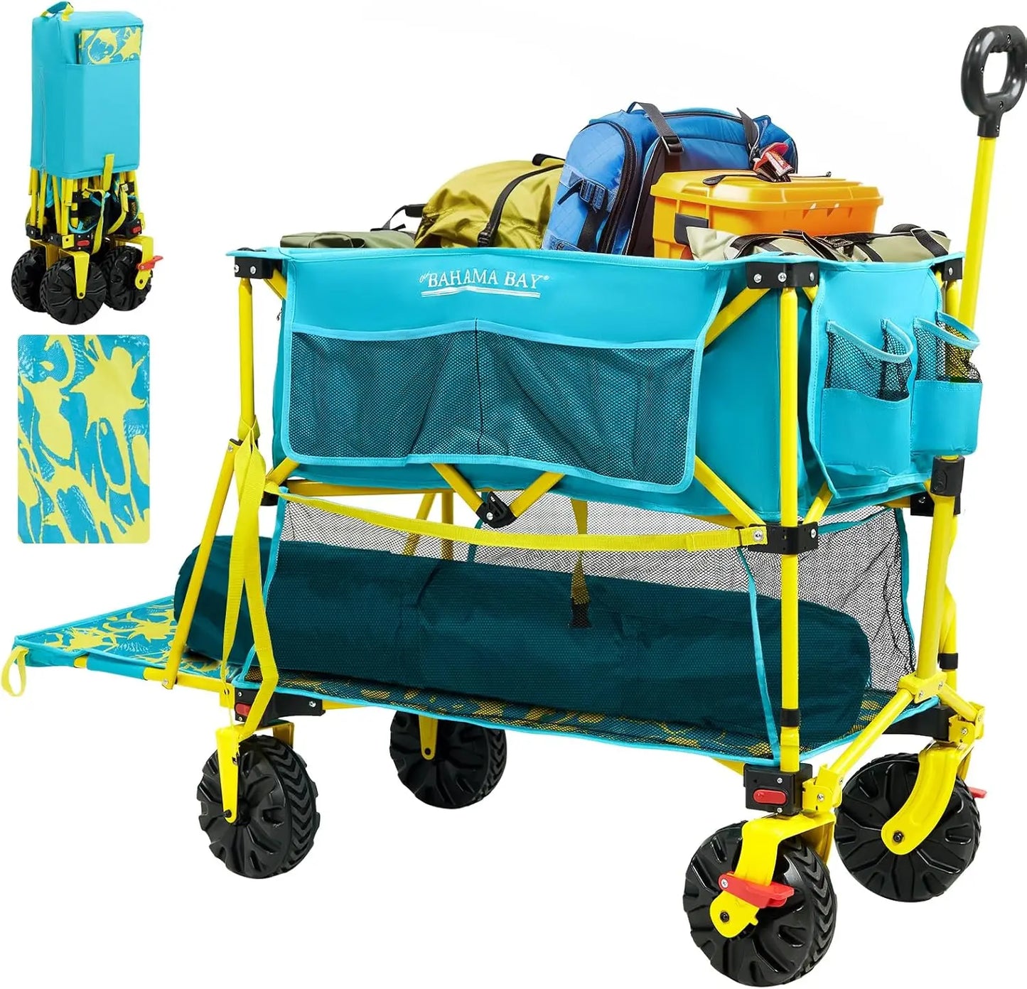 400L Collapsible Double Decker Beach Wagon with Brakes Folding Beach Cart with 54" Extra Long Decker 450LBS Heavy Duty Wagon Cha