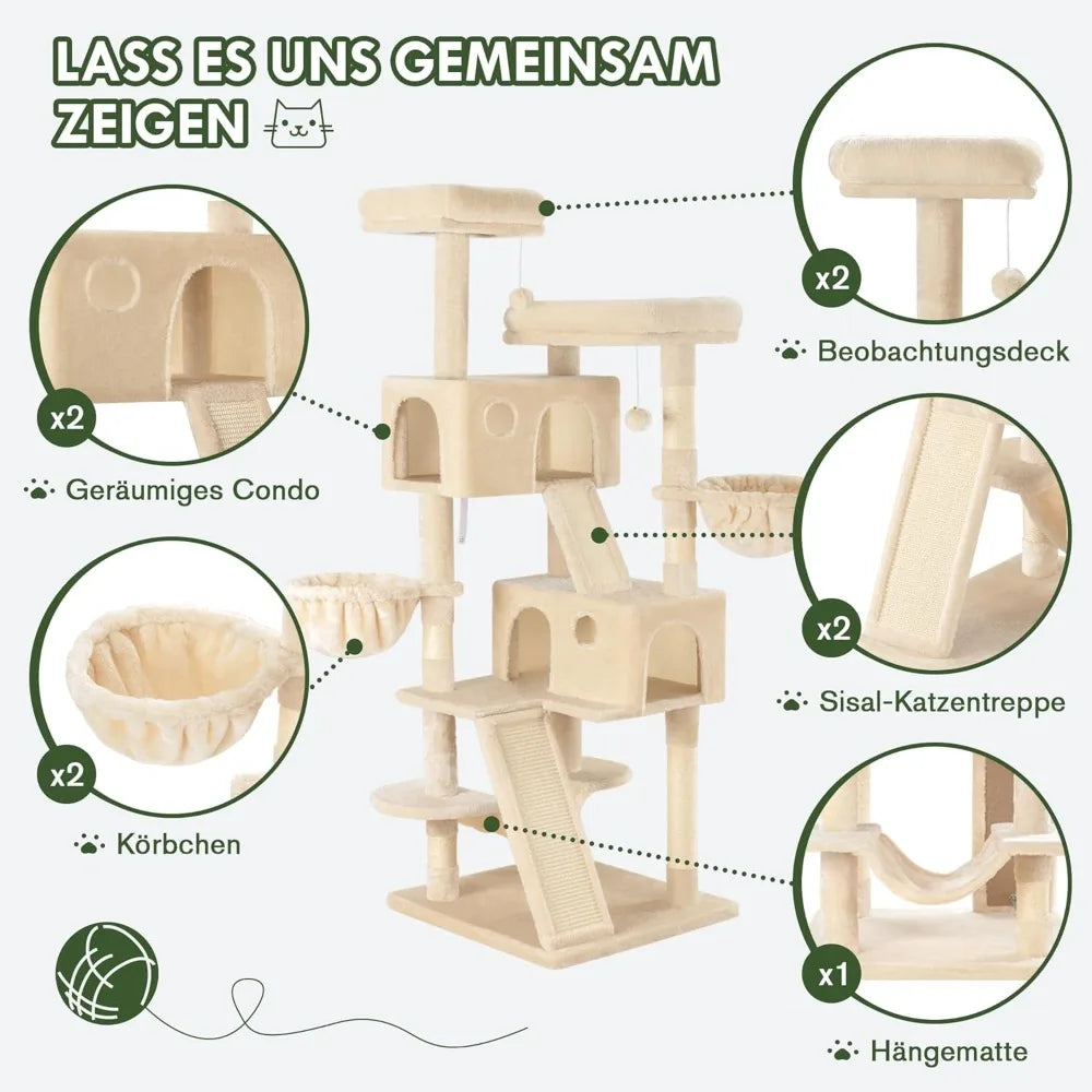 66 Inches Multi-Level Large Cat Tree Tower for Indoor Big Feline/Cozy Plush Perches/Condo/Sisal Scratching Posts