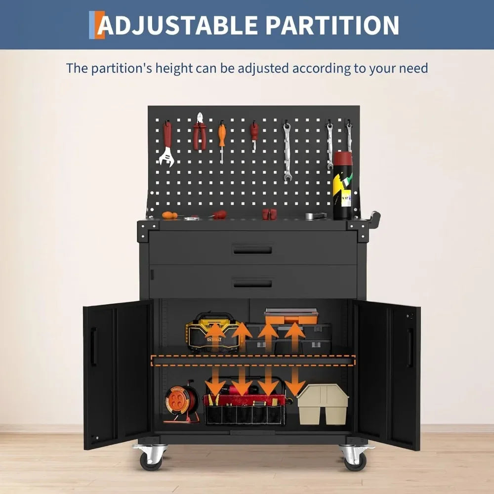 Tool Chest Cabinet Mobile Garage Workbench - 35" High with 2 Drawers, Pegboard,Heavy Duty Metal Rolling Design, Adjustable Shelf