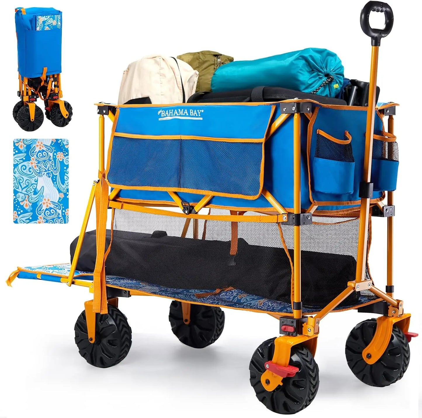 400L Collapsible Double Decker Beach Wagon with Brakes Folding Beach Cart with 54" Extra Long Decker 450LBS Heavy Duty Wagon Cha