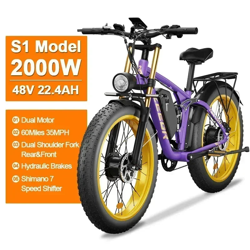 Zeegr S1 Electric bike 2000W Dual Motor 48V 22.4AH battery Full Suspension E bike26inch fat tire Beach Mountain Electric bicycle