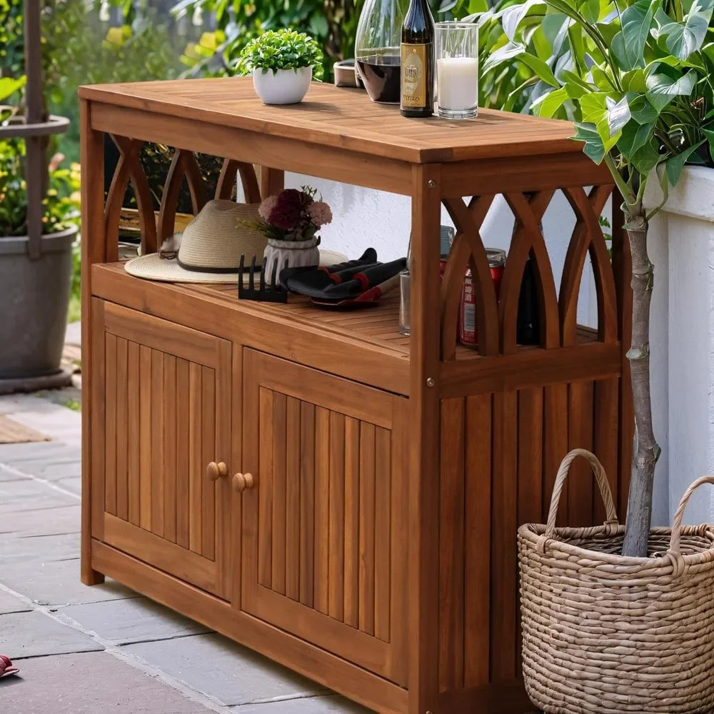 Outdoor Storage Cabinet Weatherproof Acacia Wood Outdoor Cabinet with 2 Magnetic Doors Used for Outdoor Storage, (Brown)