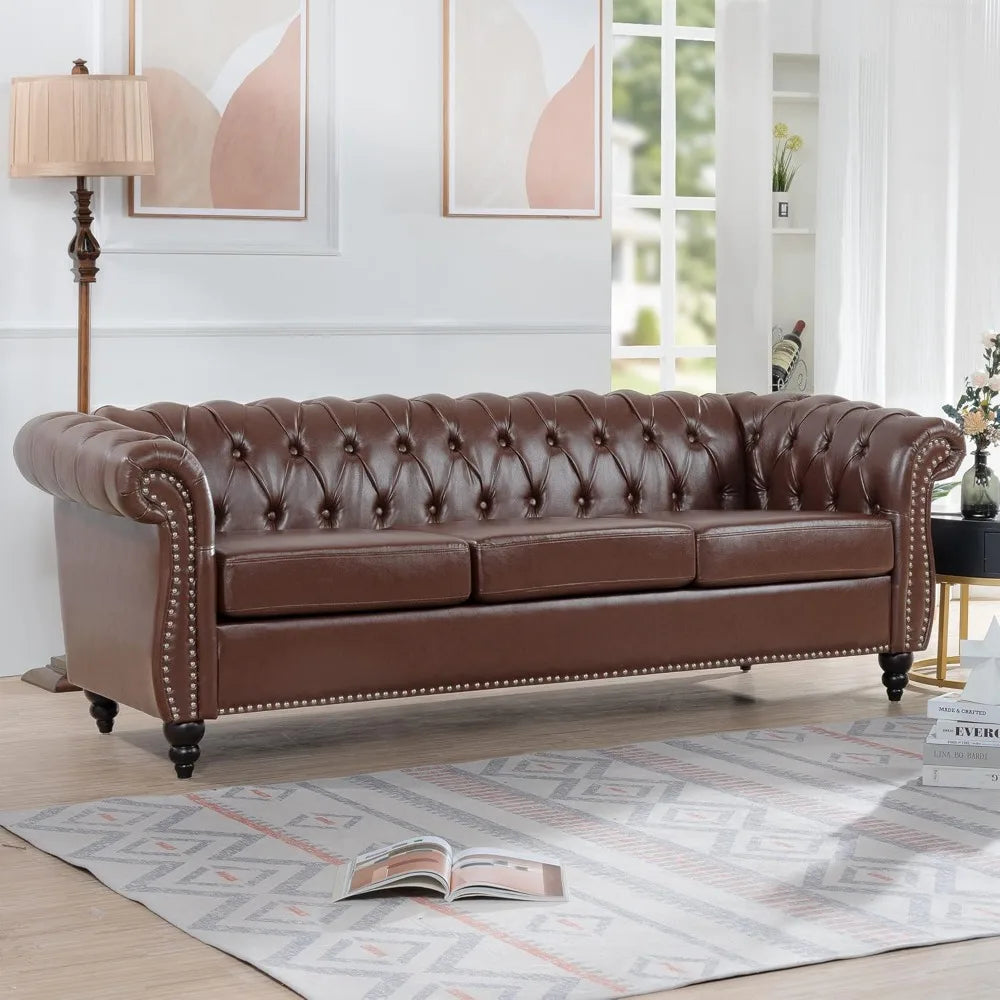 Chesterfield Sofa, Classic Tufted Upholstered Leather Couch, Modern 3 Seater Couch Furniture with Tufted Back for Living Room O