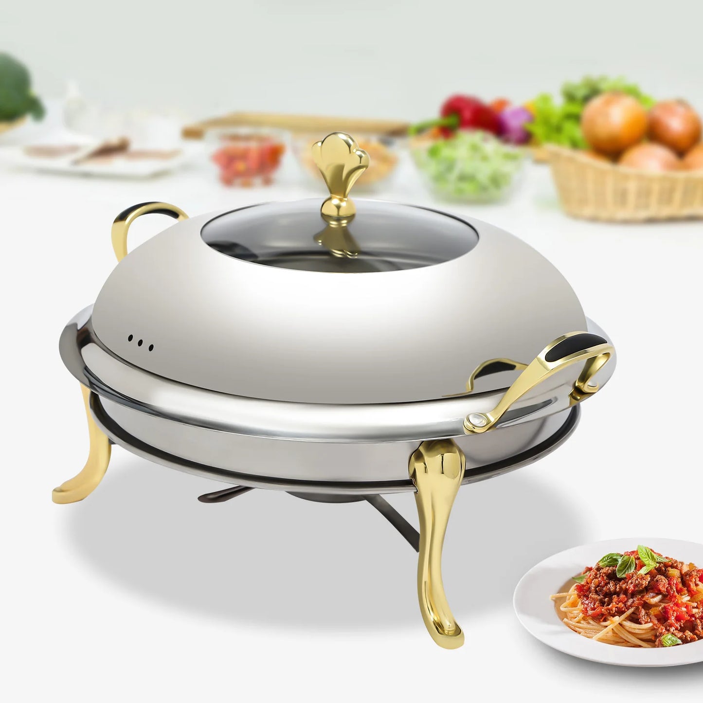 (Gold) 26cm Round Chafing Dish, Stainless Steel Chafing Dish Buffet, 2.5L Catering Chafers and Buffet Warmers with Fuel Holder