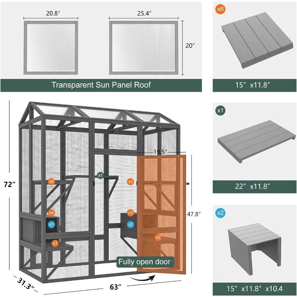 Catio Outdoor Cat Enclosure, Large Cat House for Mulitiple Cats Walk in Cat Cage with Waterproof Cover and Sunshine Panel Roof,