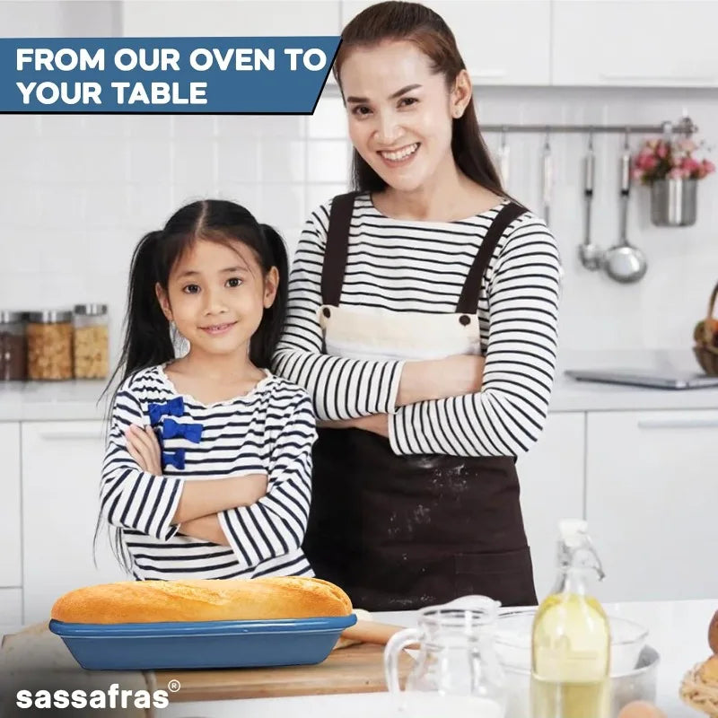 Sassafras Superstone Covered Bread Baker with Lid Glazed Exterior and Unglazed Interior Stoneware Bakeware Blue