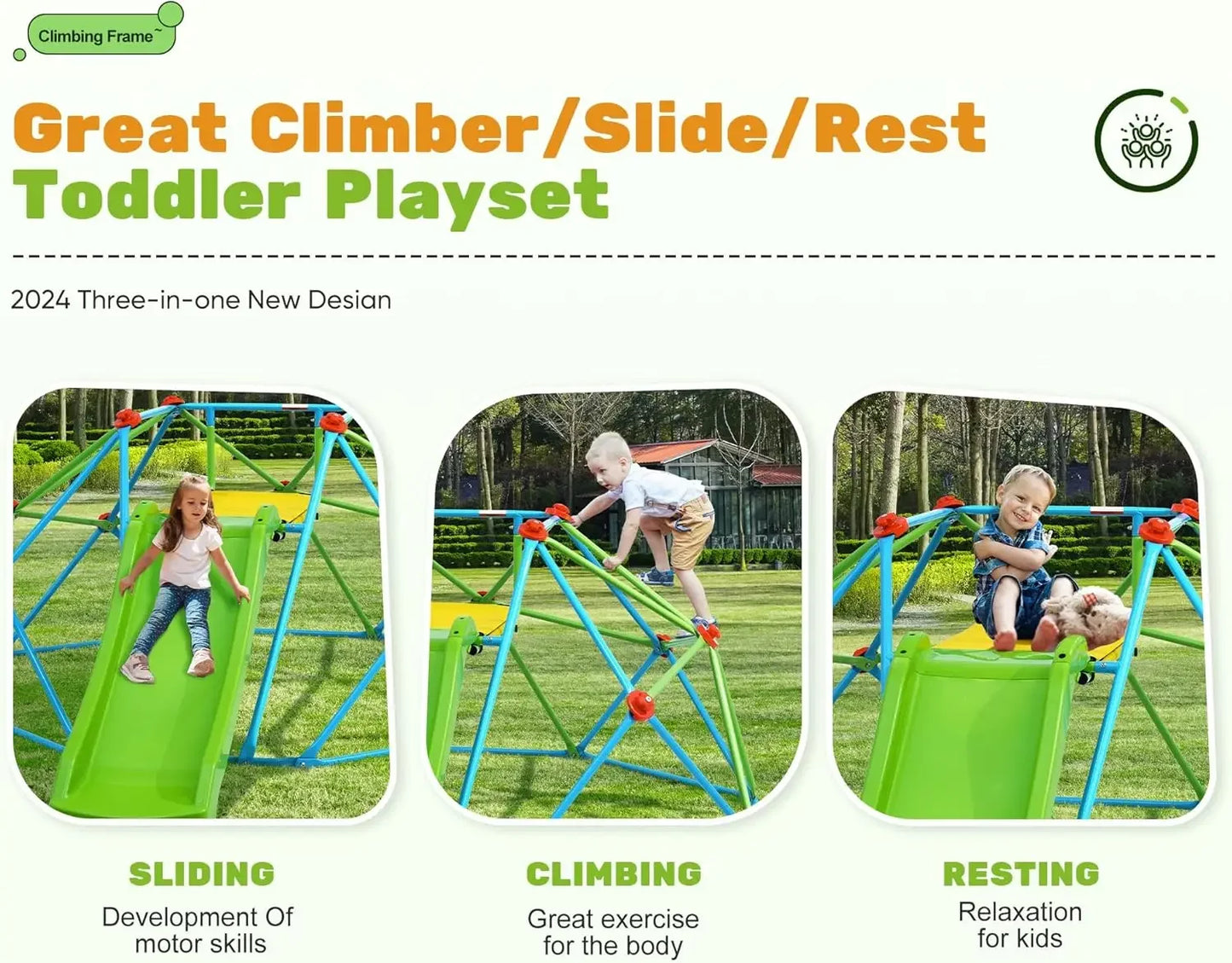 Climbing Dome with Slide, 8FT Jungle Gym Monkey Bar for Backyard Max load 440Lbs, Outdoor Climbing frame Toys for Toddlers Playg