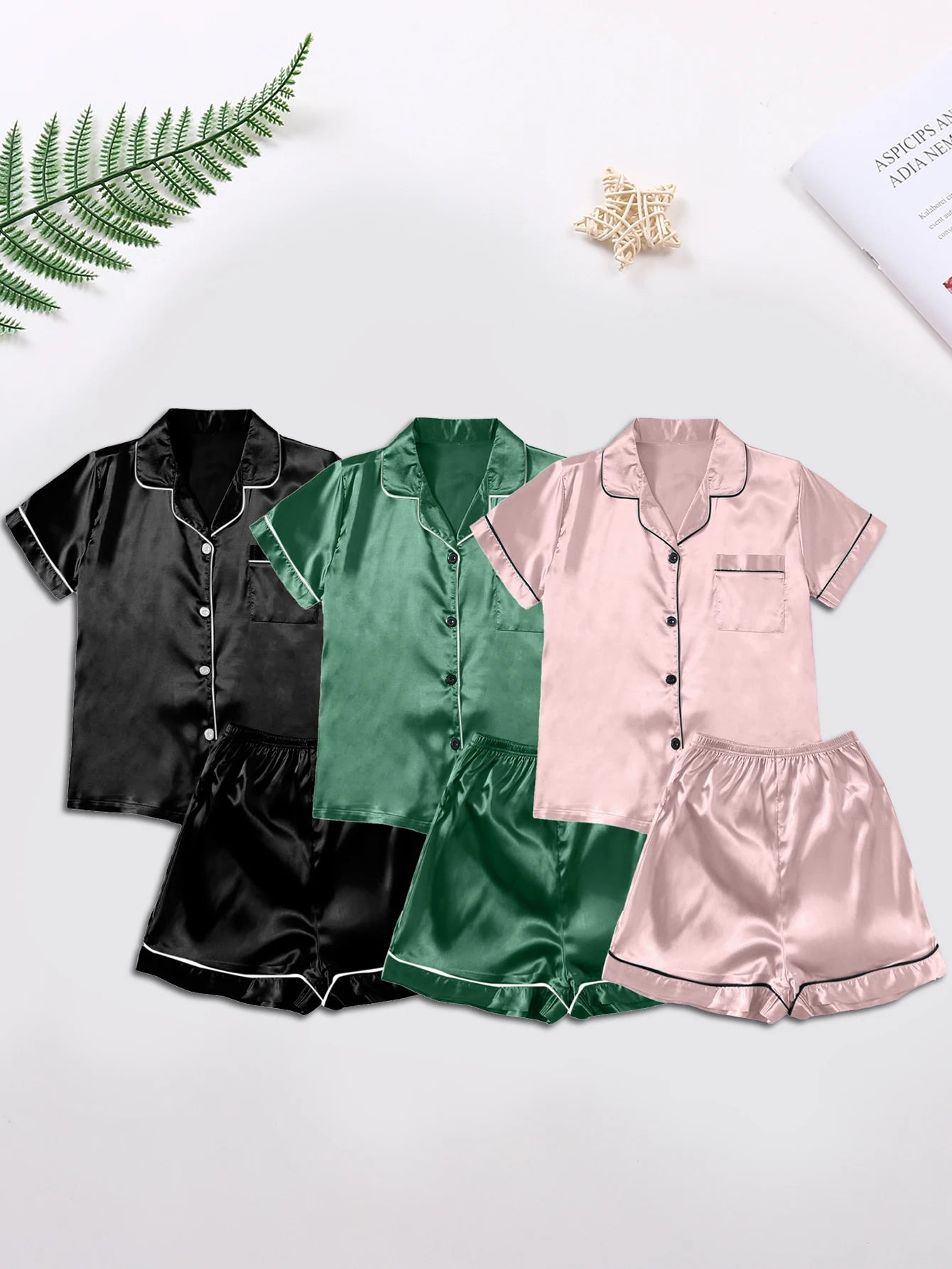 Women Pajamas Ice Silk Multi-Piece Nightgown Summer Set Comfortable Home Wear Black+Green+Peach XXXL