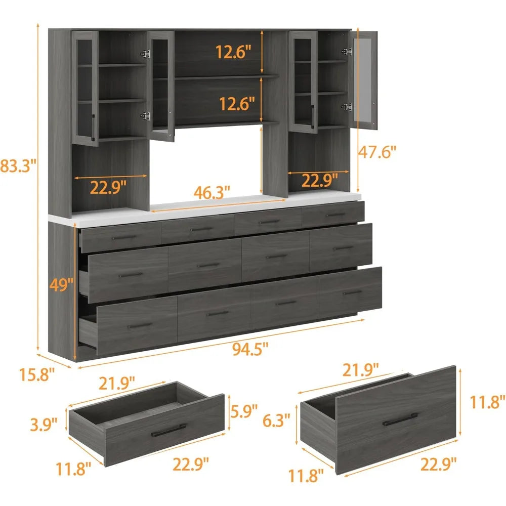 Large Garage Storage System with 12 Drawers, 94.5" W Glass Doors Workshop Cabinet Set with Thicken Countertop, Utility Bookshelf