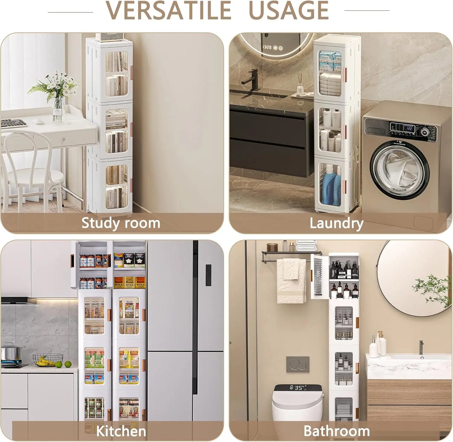4-Tier Plastic Tall Narrow Storage Cabinet with Movable Wheels, Adjustable Shelves, Magnetic Doors,