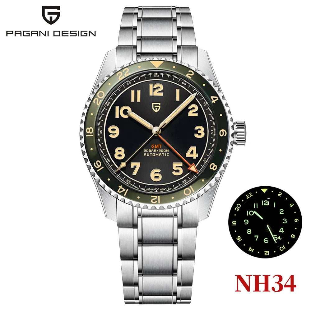 (Local delivery)PAGANI DESIGN 2025 New NH34 GMT Men's Automatic Mechanical Watch Stainless Steel Sapphire 20Bar C3 reloj hombre