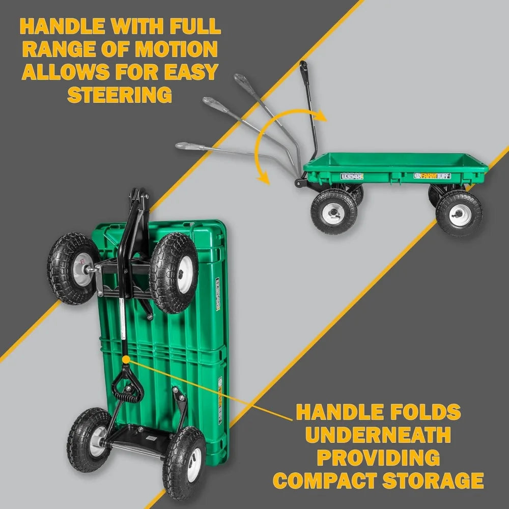 Farm Tuff Durable Plastic Deck Garden Wagon Utility Cart with Pneumatic Tires for Outdoor Hauling, Green, 20" x 38"
