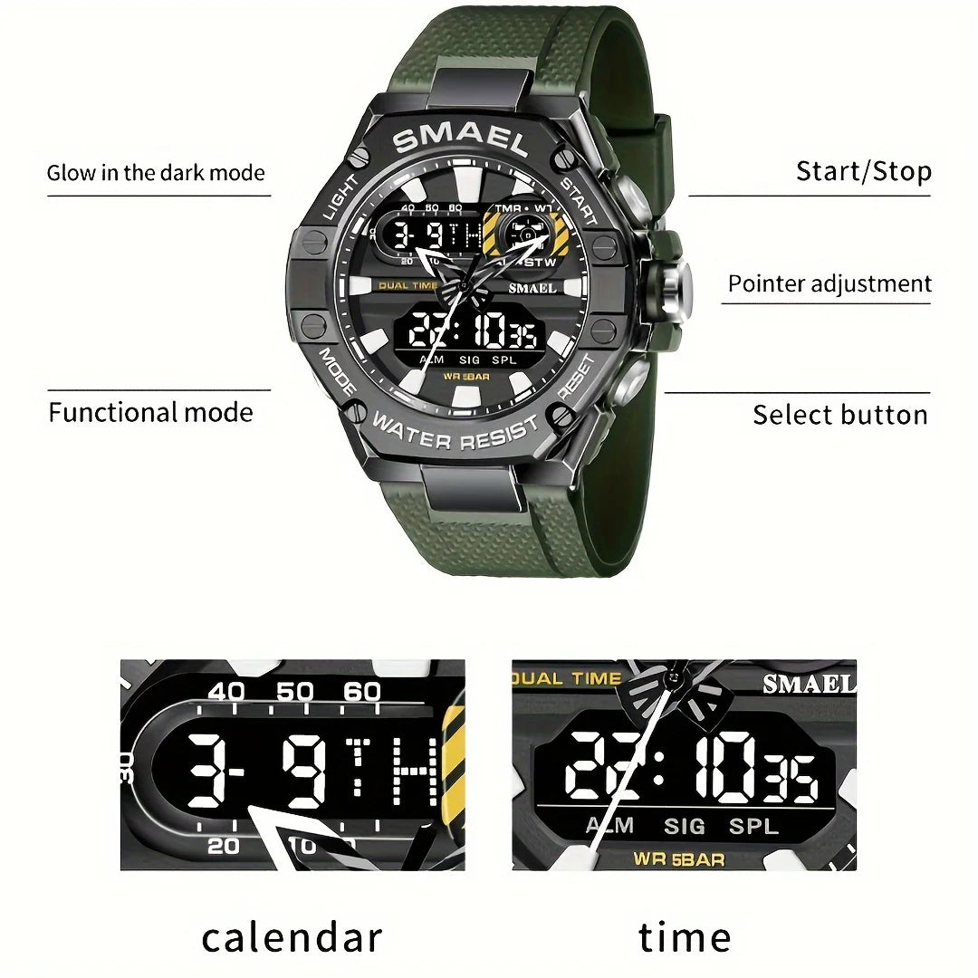 Men Fashion Electronic Wristwatch TPU Band Luminous Display Dual Time LED