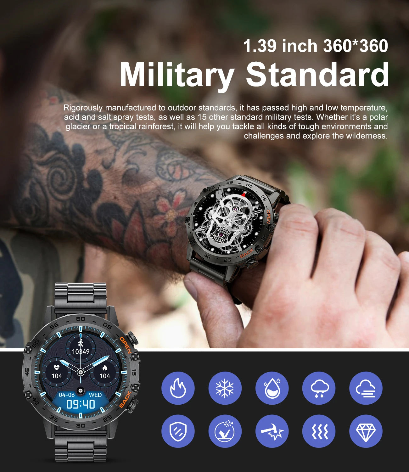 LIGE Military Men Outdoor Sports Smart Watch 1.39“HD Bluetooth Calling Full Touch Screen IP68 Waterproof Blood Oxygen Smartwatch