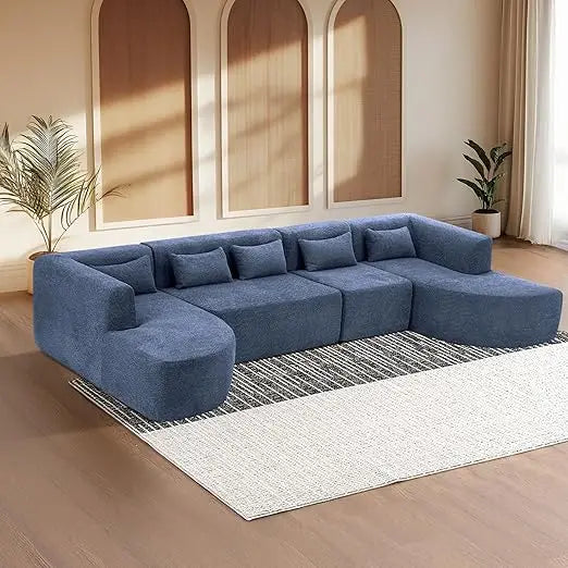 144" Upholstered Sofa, Deep Seat Modern Modular Sofa with 2 Movable Chaise Lounge & 5 Pillows, Free-Combined Couch for Living Ro