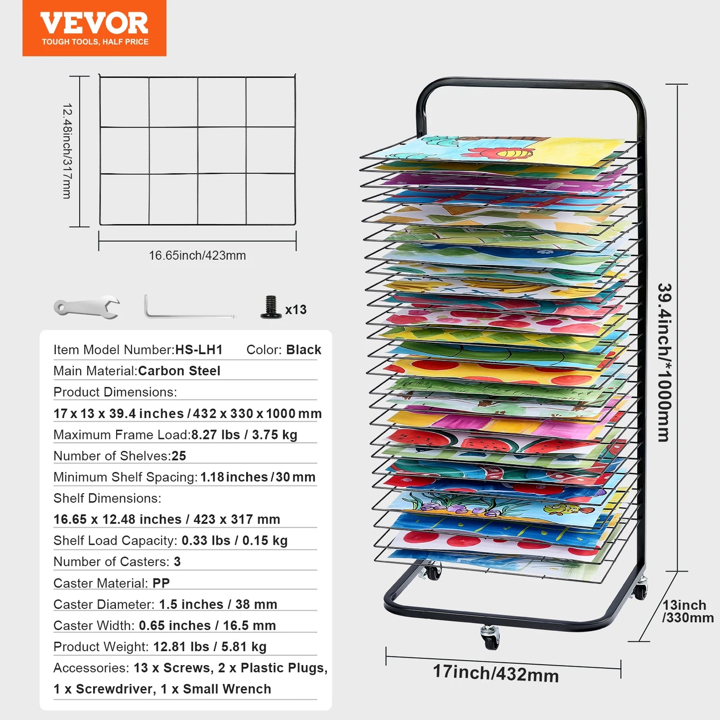 SucceBuy Art Drying Rack 25 Removable Shelves Paint Drying Rack With Lockable Wheels Carbon Steel Painting Drying Rack
