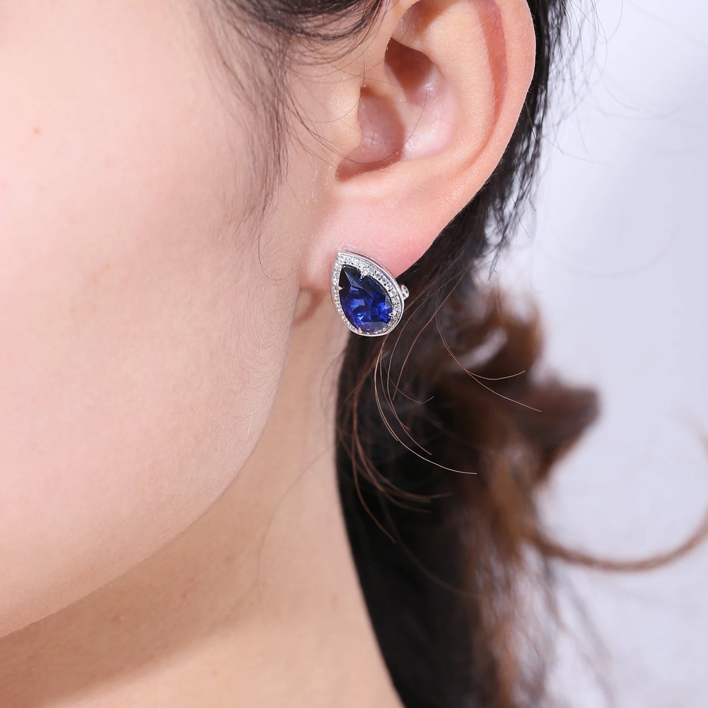 GEM'S BALLET Tiger Element Earrings Pear Shape 8x12mm Lab Blue Sapphire Stud Earrings in 925 Sterling Silver Gift For Her