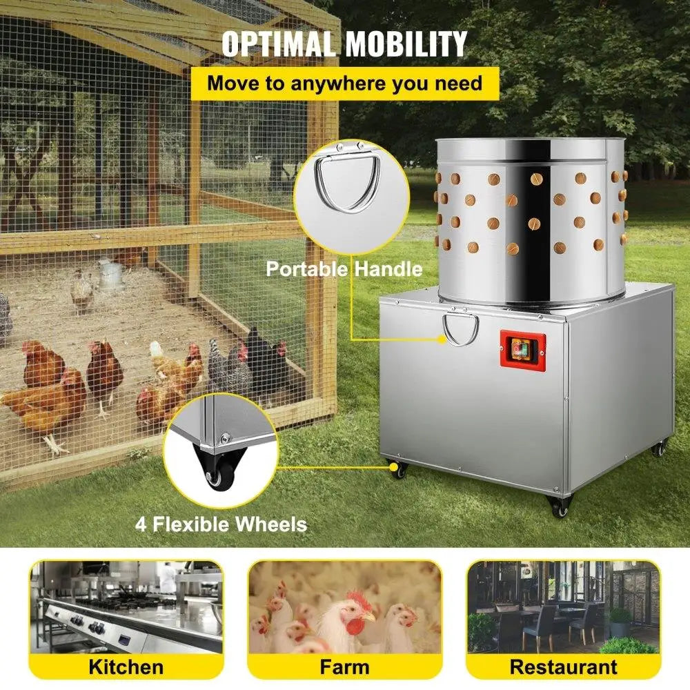 Poultry Plucker 2200W Stainless Steel Removal Machine 23.5inch 240Rmin with Wheels for Chicken and Turkey