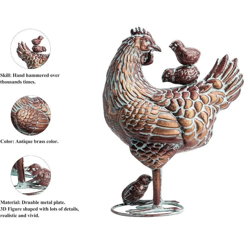 Garden Chicken Art Outdoor Statues - Mother Hen & Chicks Metal Statue, 13.5"x18" Life-Like Chicken Decor, Antique Copper Yard Or