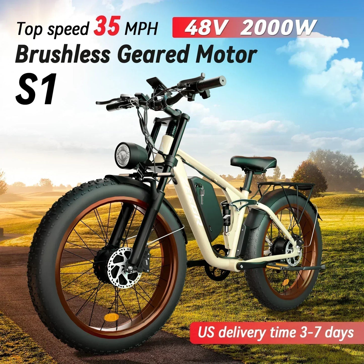 Zeegr S1 Electric bike 2000W Dual Motor 48V 22.4AH battery Full Suspension E bike26inch fat tire Beach Mountain Electric bicycle