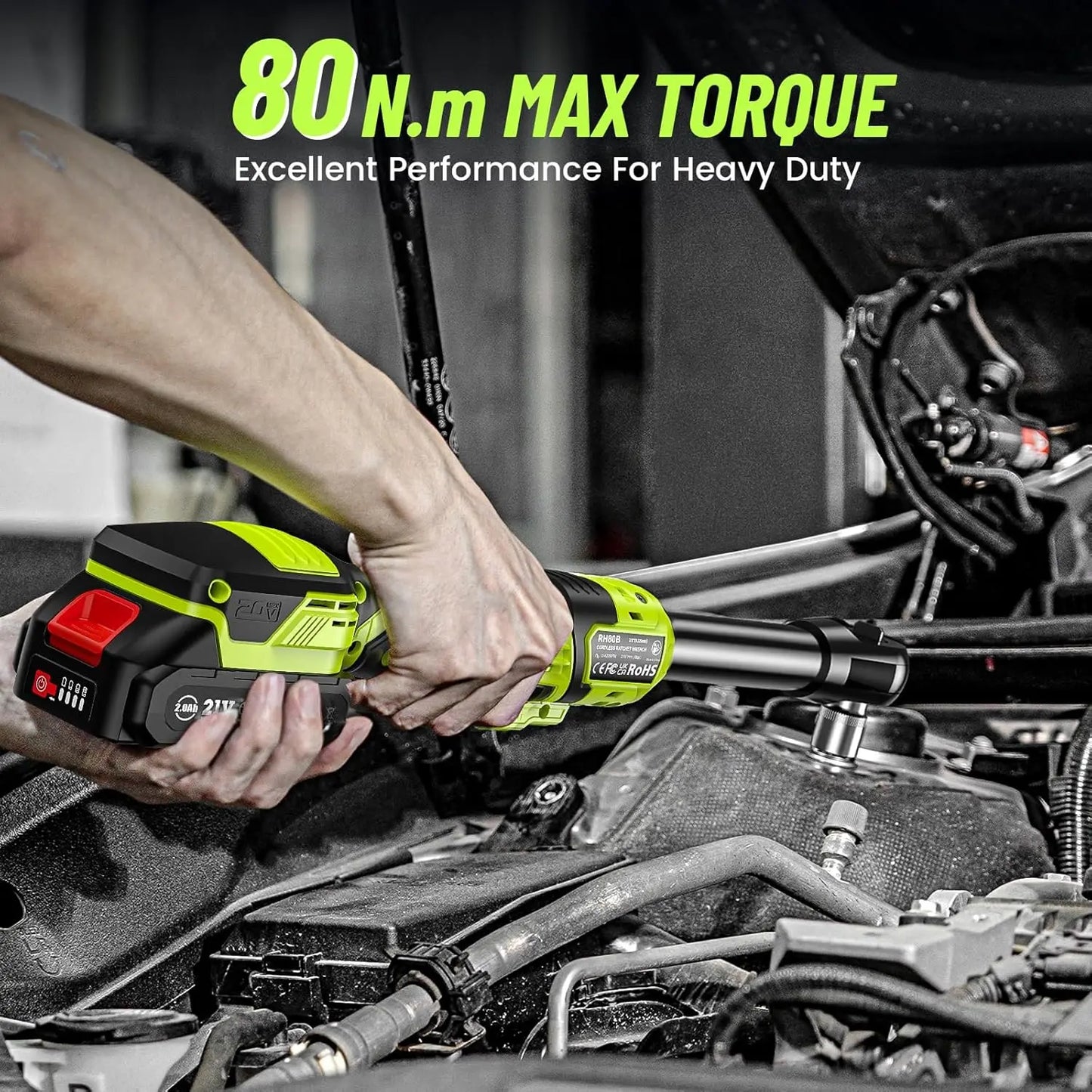 Cordless Ratchet Wrench 3/8" Light Weight Electric Ratchet 58Ft-lbs (80N.m) 400RPM 6'' Extended Neck 2.0Ah Battery Power Tools