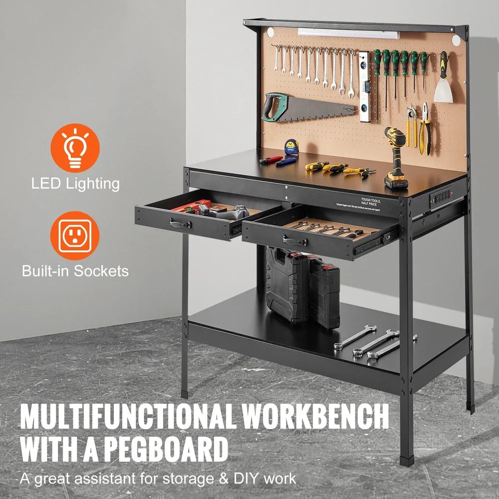 Multifunctional Workbench with Pegboard Power Outlets Heavy Duty A3 Steel Garage Workshop with LED Light Organized Storage