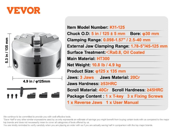 SucceBuy 3-Jaw Lathe Chuck 100/125/160/200/250 mm Self-Centering Lathe Chuck Multiple Clamping Range for Lathe Printer Machining