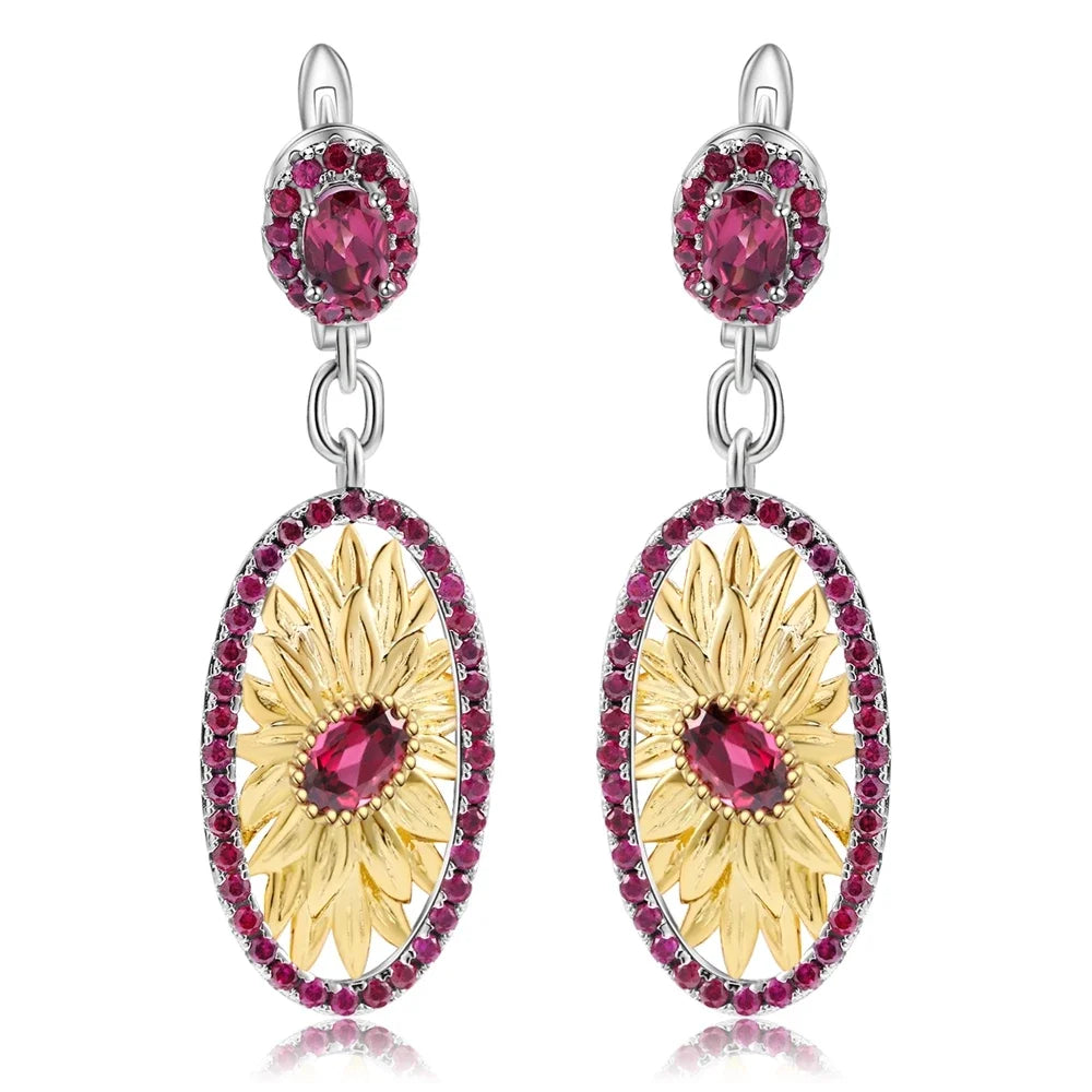 GEM'S BALLET 925 Sterling Silver Original Handmade Earrings 2.40Ct Natural Rhodolite Garnet Sunflower Drop Earrings for Women