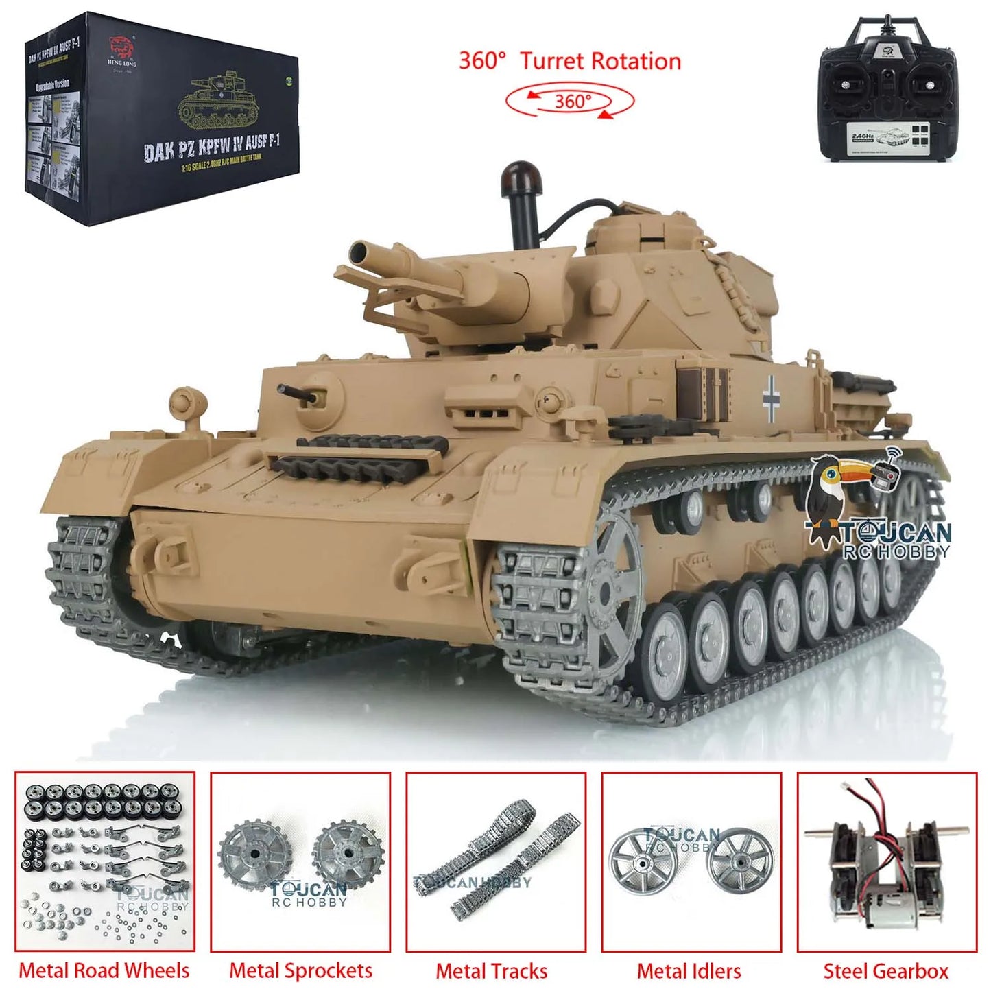 US Stock Toucan Radio Controller Vehicle Heng Long 1/16 7.0 Pro Ver Panzer IV F RTR RC Tank 3858 Metal Tracks Wheels IR Combat