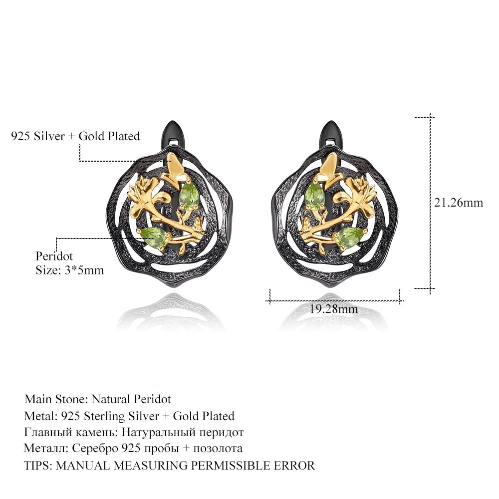 GEM'S BALLET Natural Peridot woman’s statement earrings 18k gold 925 silver two tone handmade butterfly flower lotus Earrings