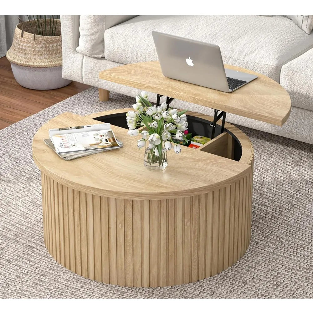 Round Fluted Lift Top Coffee Table with Storage 34.6 Inch Farmhouse Round Coffee Table for Living Room Circle Wood Accent Center