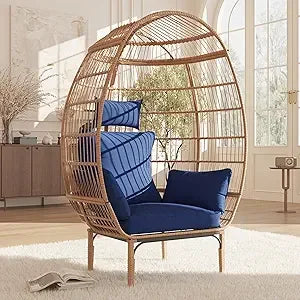 500 Pounds Capacity Oversized Wicker Egg Chair All Weather Rattan Egg Lounge Chairs for Patio Backyard Living Room Outdoor Use