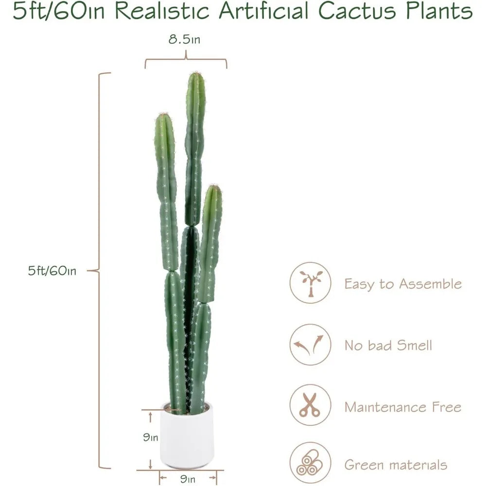 UV Resistant 5ft Large Artificial Cactus with White Decorative Planter, 60in Realistic Faux Cacti Indoor, Lifelike Fake Cactus P