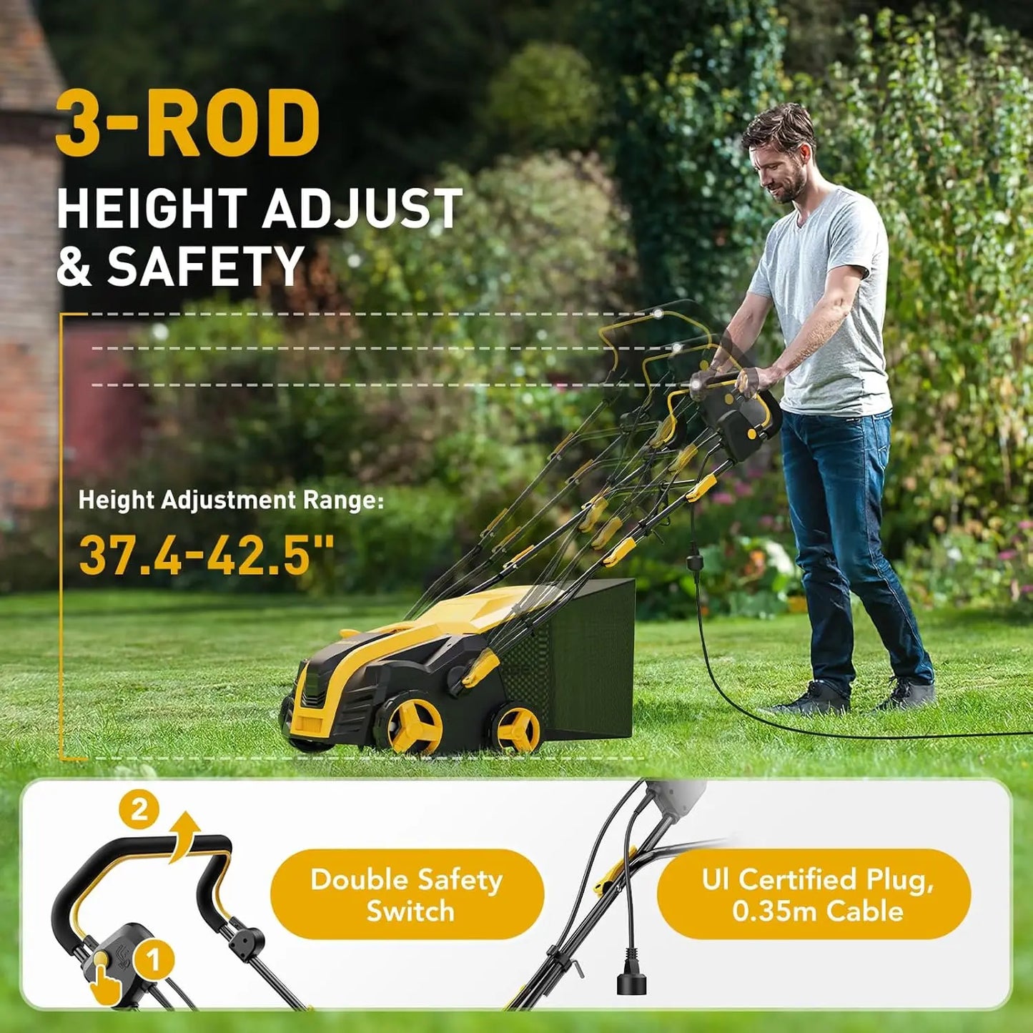 16-Inch 15-Amp Electric Dethatcher and Scarifier 5-Position Depth Adjustment,Removeable 14.5-Gal Collection Bag