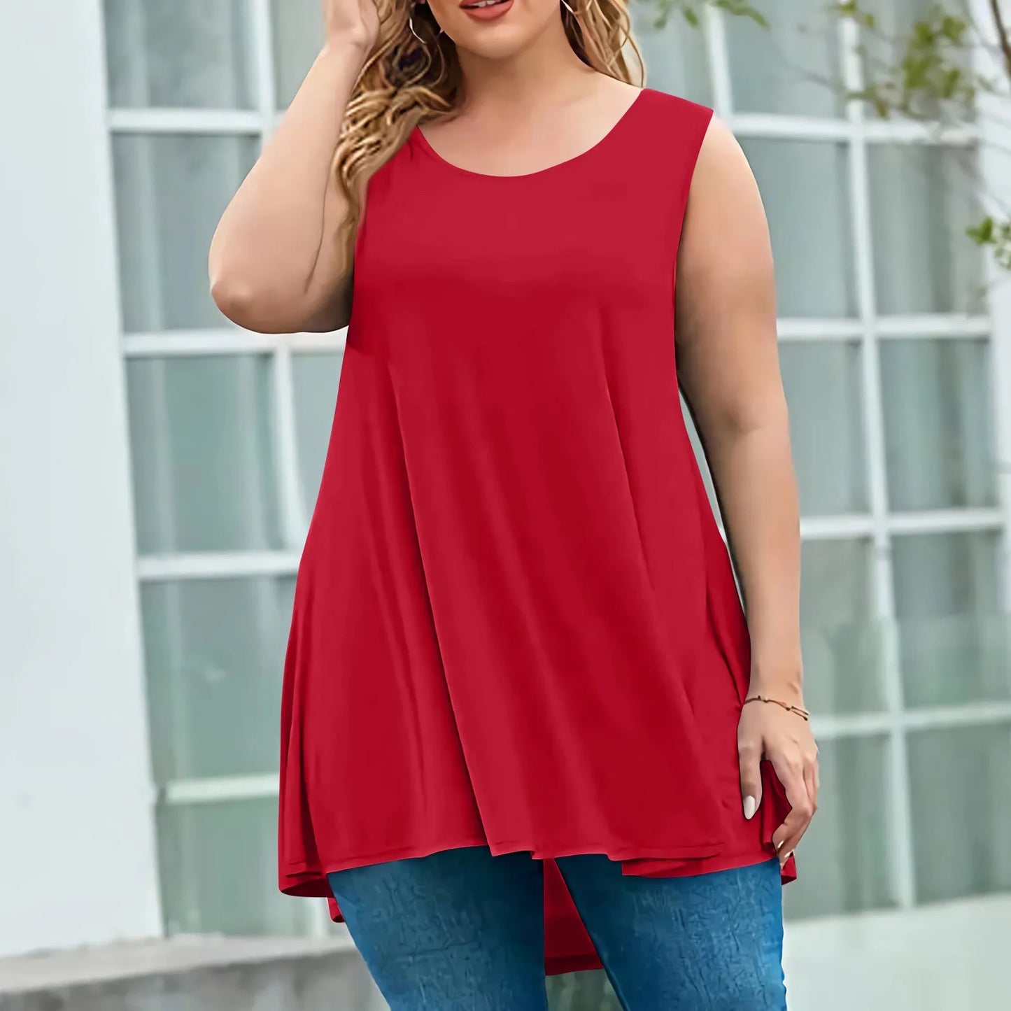 Plus Size Tanks & Camis women's fashion summer round neck sleeveless casual solid color loose pullover top plus size vest tops