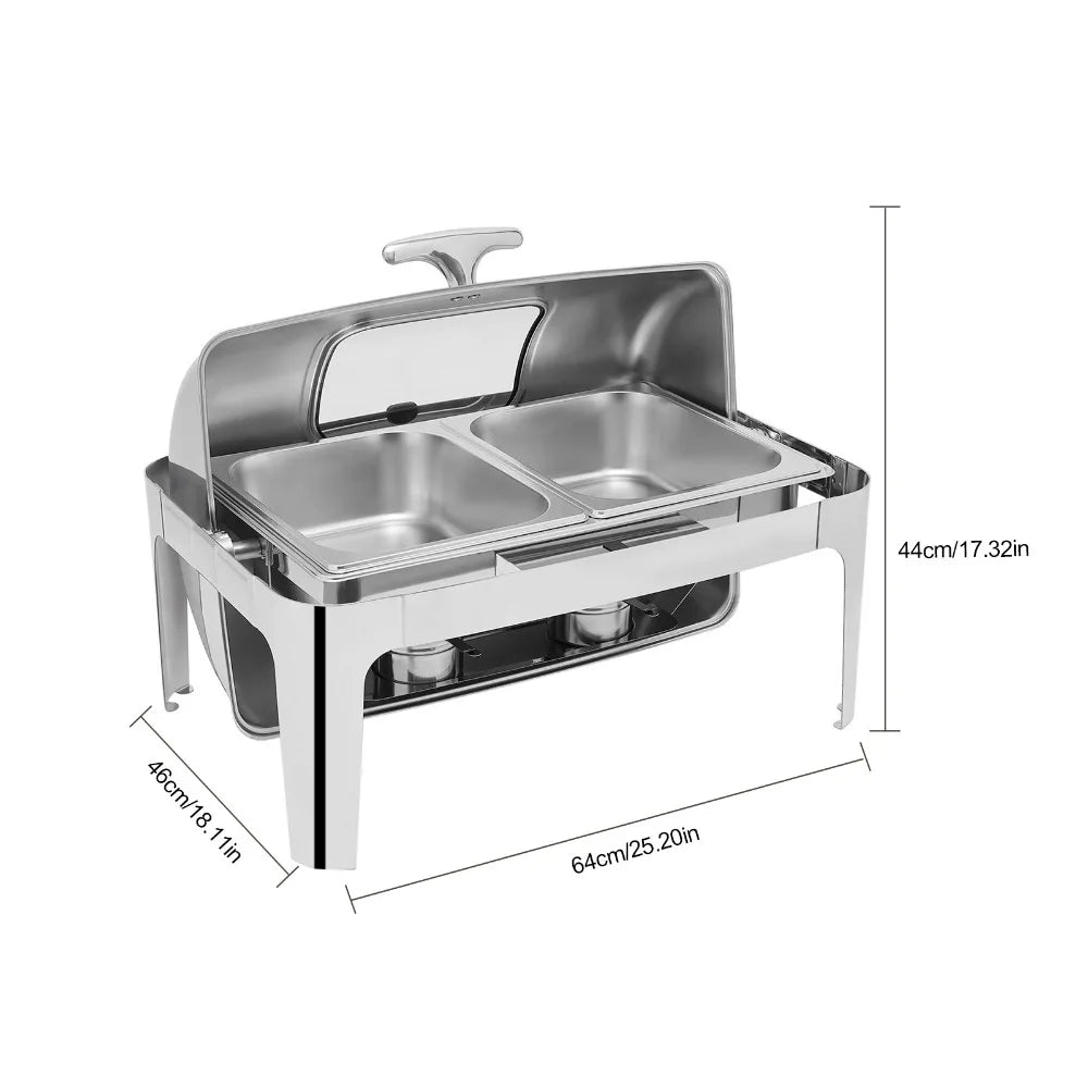Roll Top Chafing Dish Buffet Set Stainless Steel Chafer with 2 Pot and 2 Alcohol Fuel Cans Rectangle Catering Warmer Server