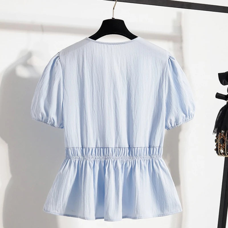 Plus Size Women's Shirts Summer 2025 French Style Sweet Lace Border Thin Top Waist Cinched Short Sleeved Doll Shirt Casual Tops