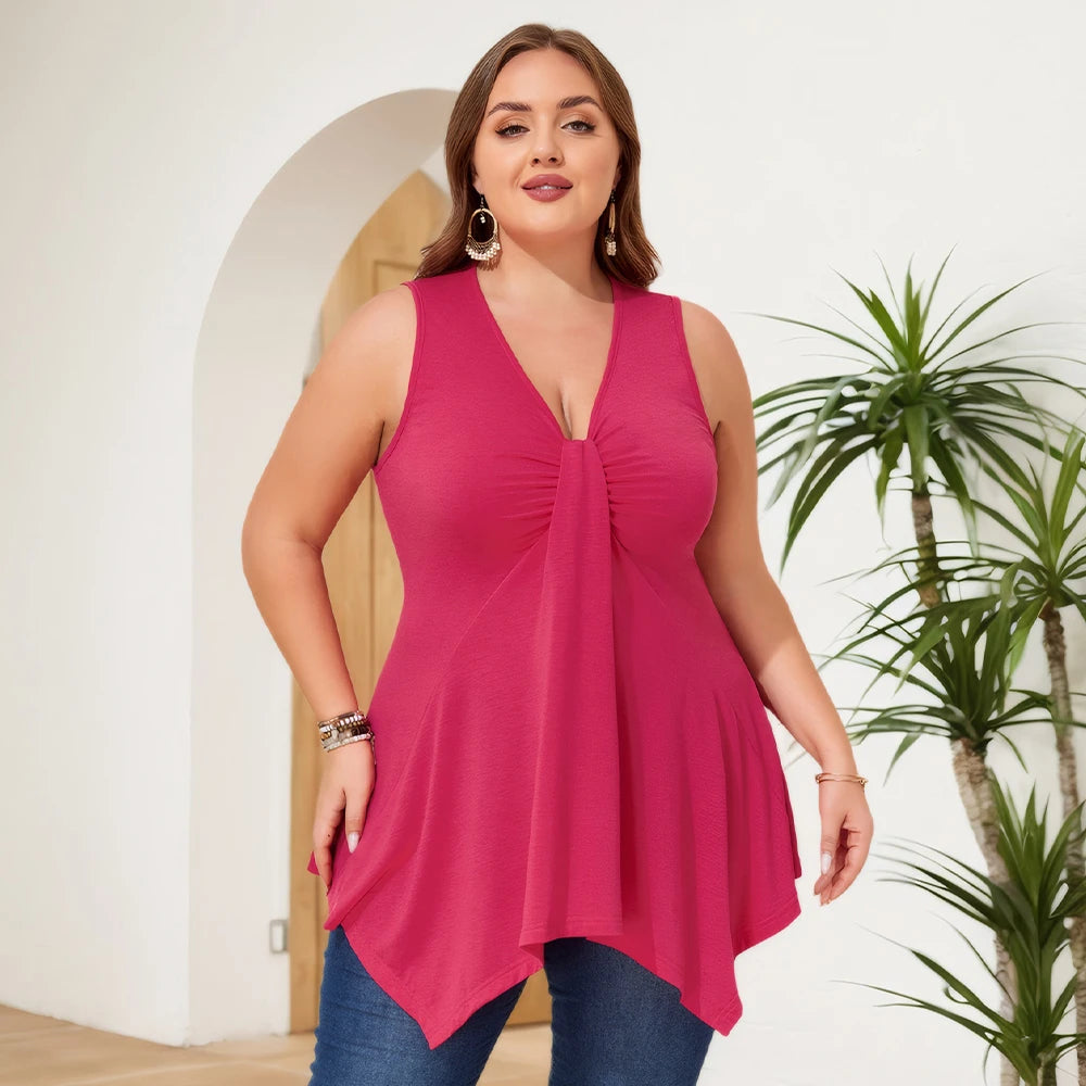 Plus Size Women's Solid V-Neck Tank Vest Pleated Tunic Tops Summer Ladies Holiday Beach Vacation Cami Camisole Size 1XL-6XL
