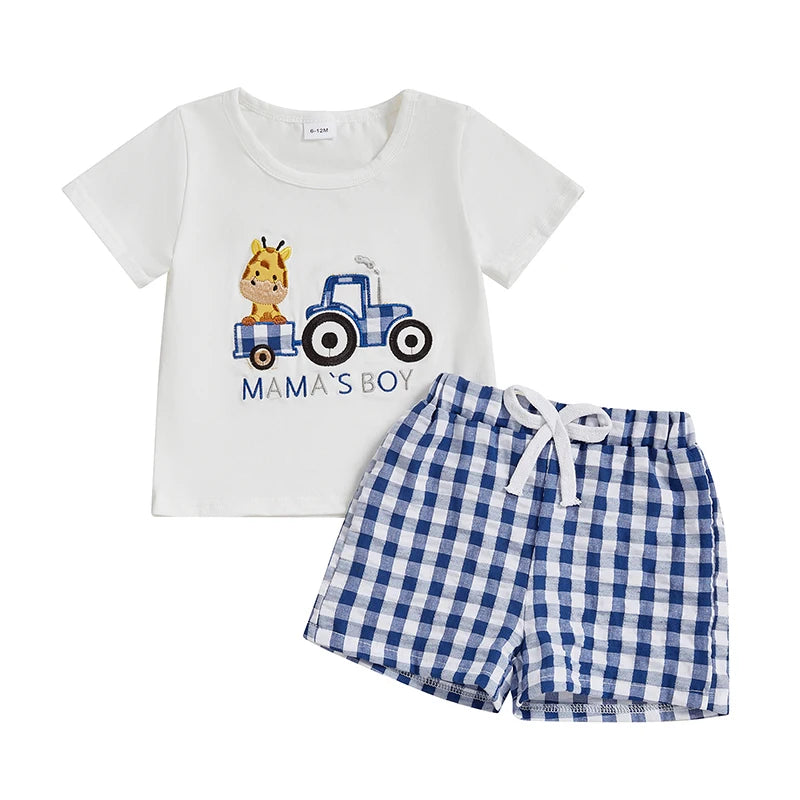 Cute Toddler Boy Summer Clothes Set with Embroidered T-Shirts and Plaid Shorts for a Stylish Look in Hot Weather