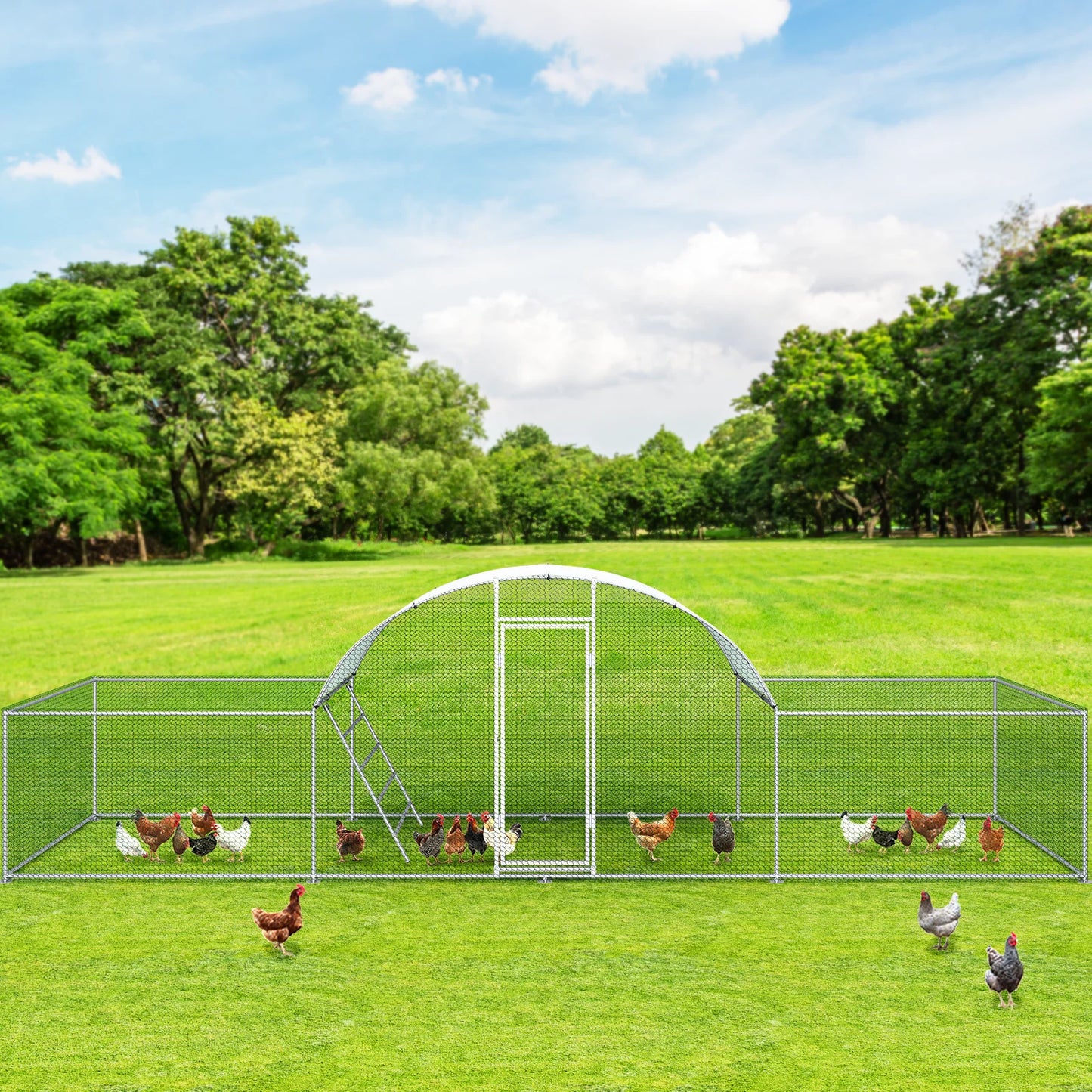 23ft Metal Chicken Coop 3-Room Dome-Roof Poultry Pen Large Hen Run Enclosure Walk-in Galvanized Duck Rabbit Cage House