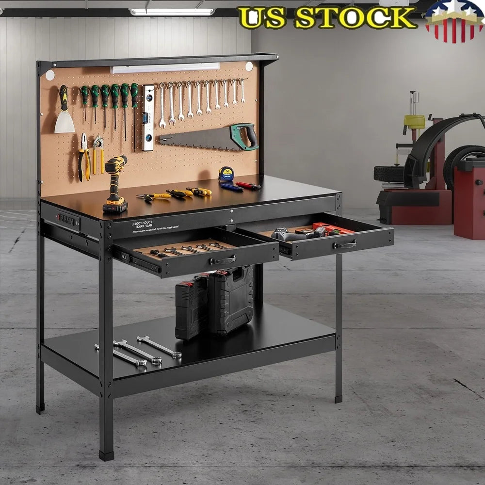 Multifunctional Workbench with Pegboard Power Outlets Heavy Duty A3 Steel Garage Workshop with LED Light Organized Storage