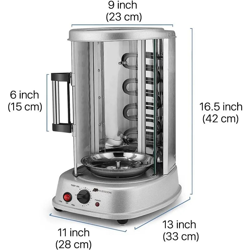 Flexzion Vertical Rotisserie Oven Grill -Countertop Shawarma Machine Kebab Electric Cooker Rotating Oven,Stainless Steel Roaster